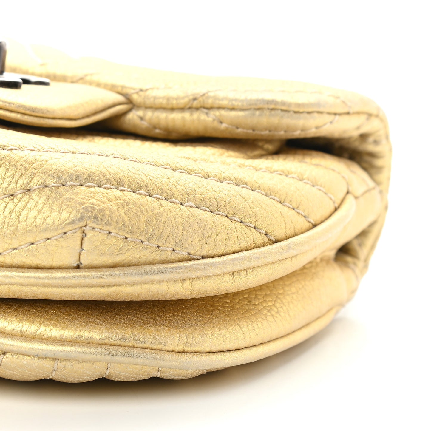 Metallic Aged Calfskin Chevron Small Bubble CC Flap Gold
