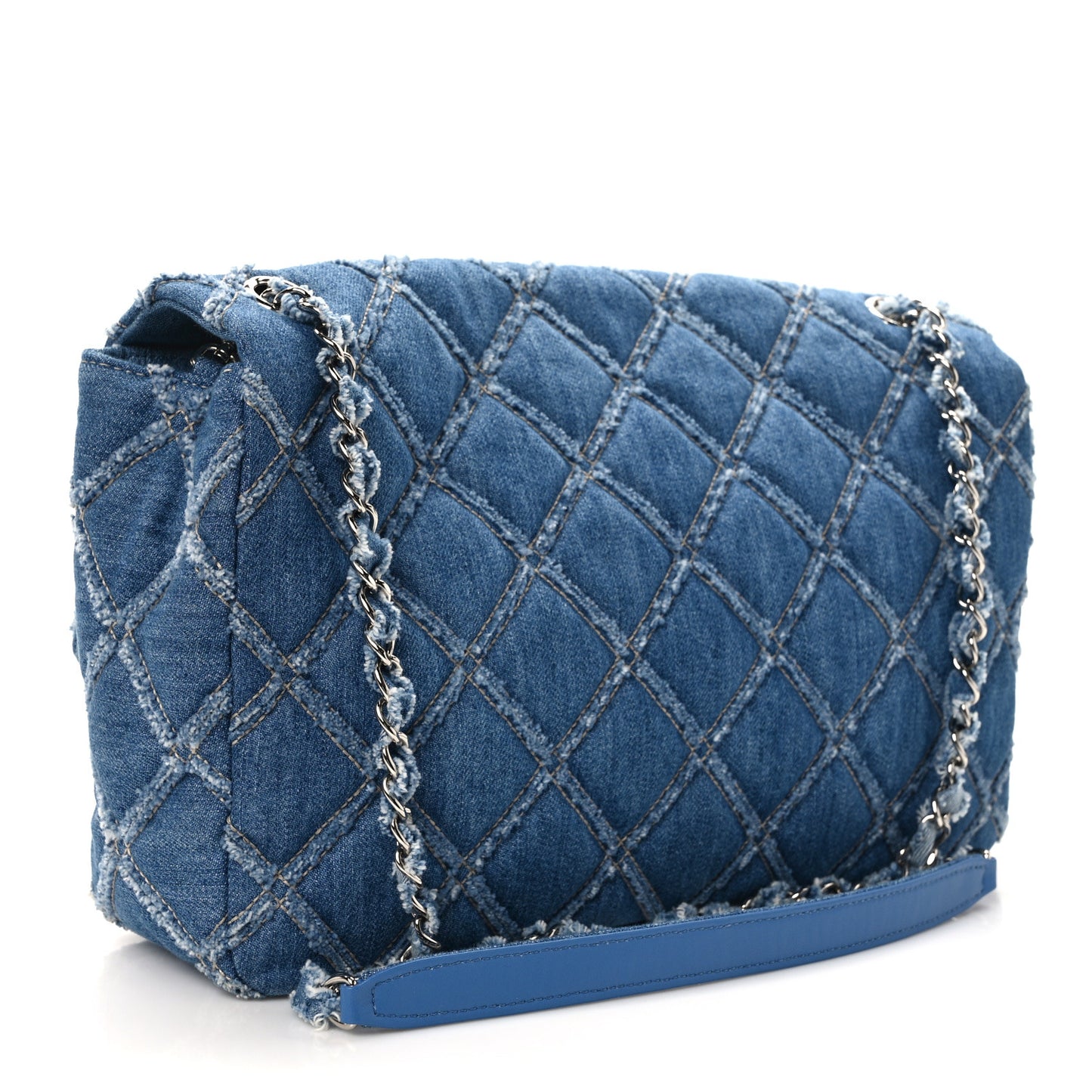 Denim Quilted Large Distressed Single Flap Blue