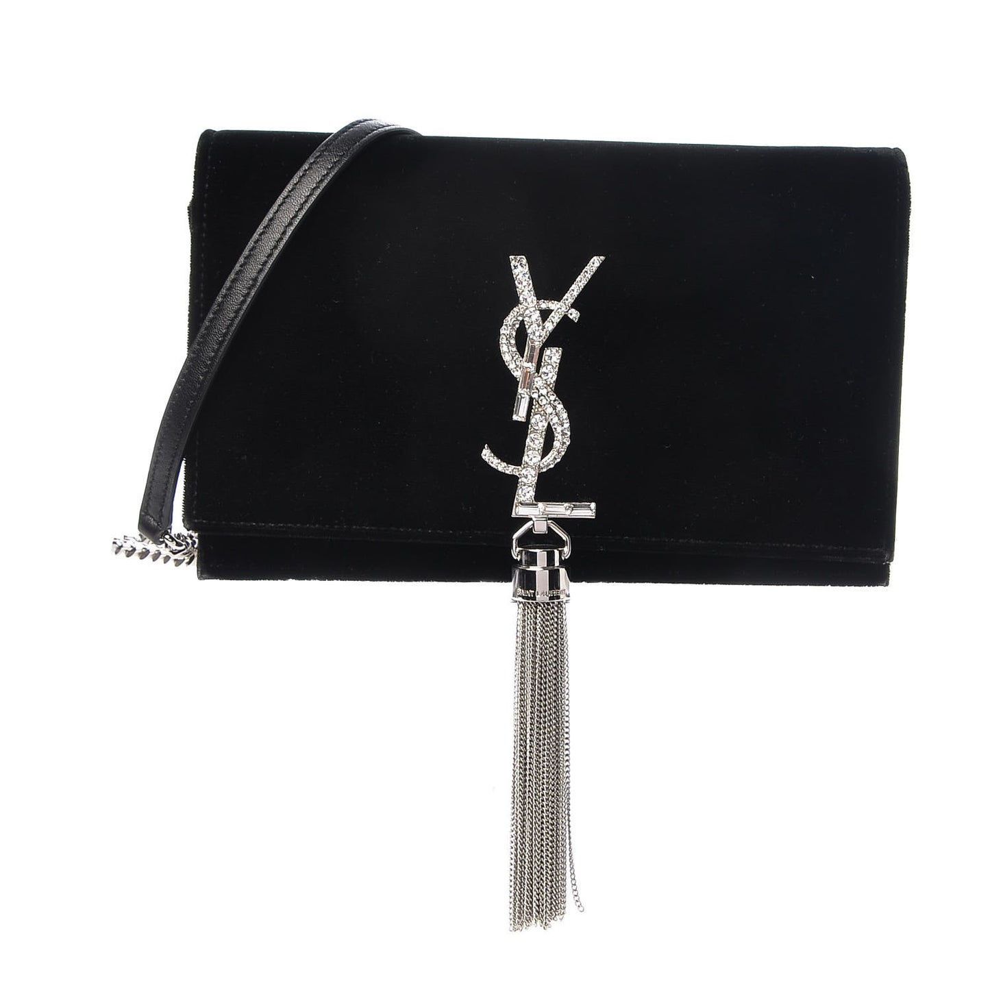 Velvet Crystal Monogram Tassel Chain Wallet Black