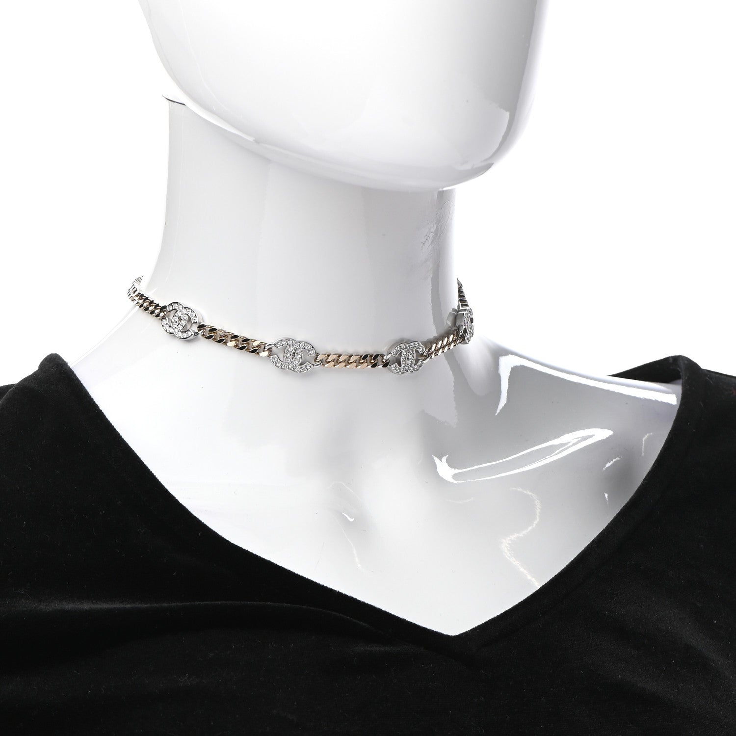 Chanel Crystal Chain CC Link Choker Gold Silver 2 of 4