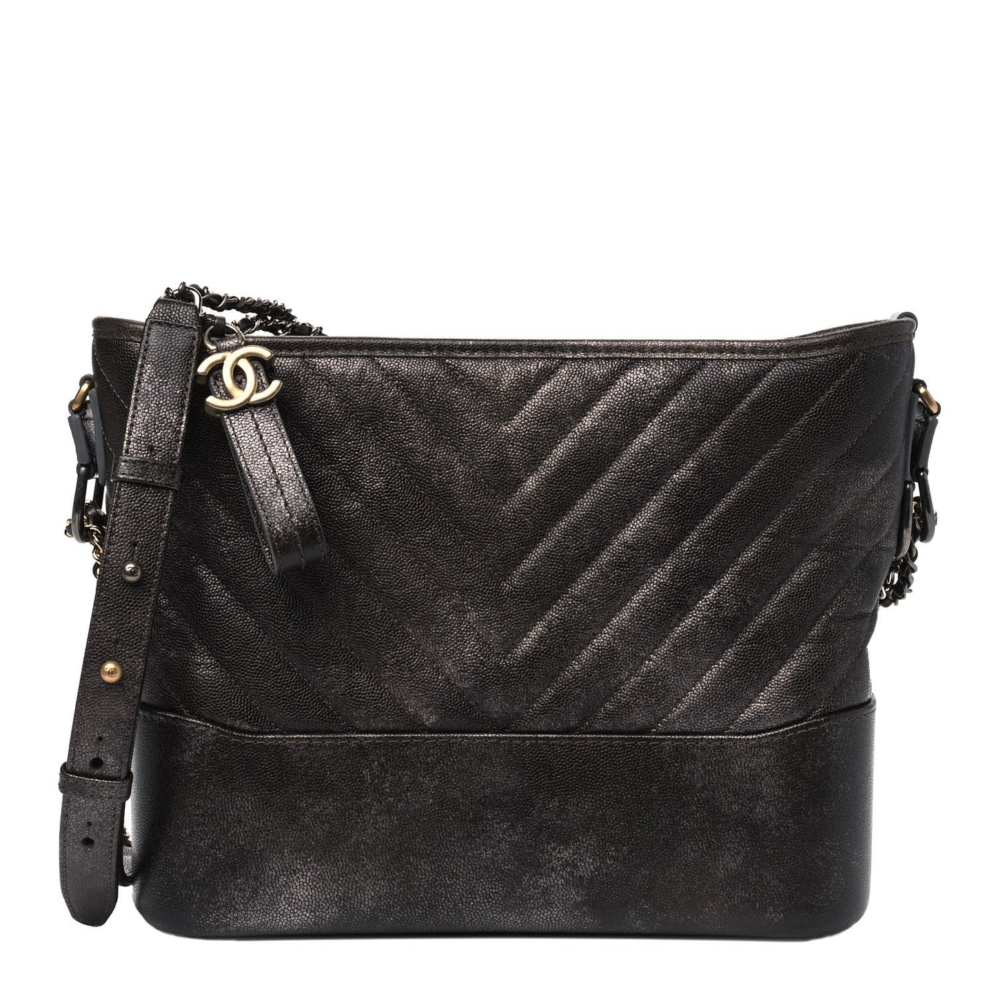 Metallic Caviar Chevron Quilted Medium Gabrielle Hobo Dark Silver Gold