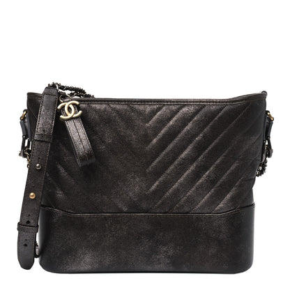Chanel Metallic Caviar Chevron Quilted Medium Gabrielle Hobo Dark Silver Gold 1 of 6
