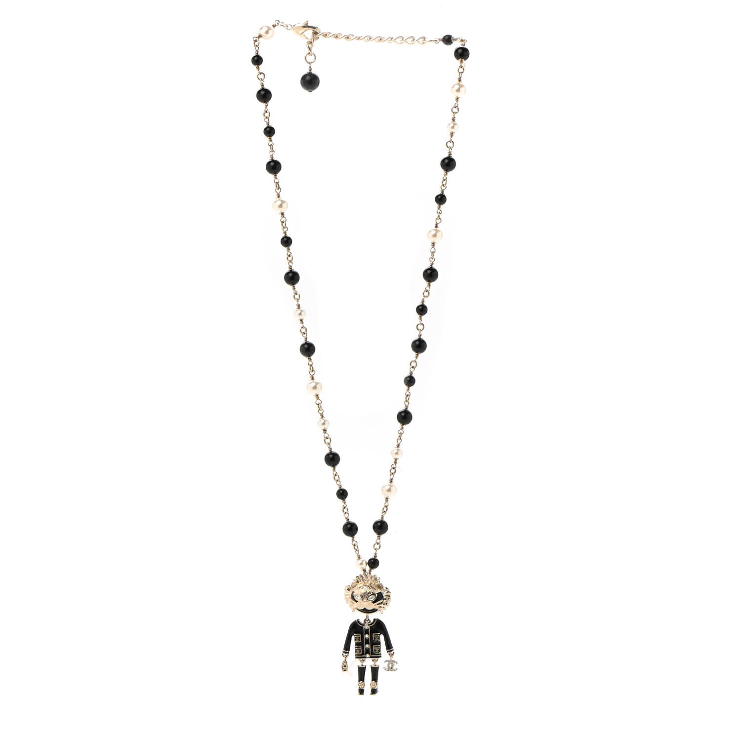 Chanel Gripoix Poured Glass Crystal Bead Pearl CC Lion Pendant Necklace Black Gold 3 of 6