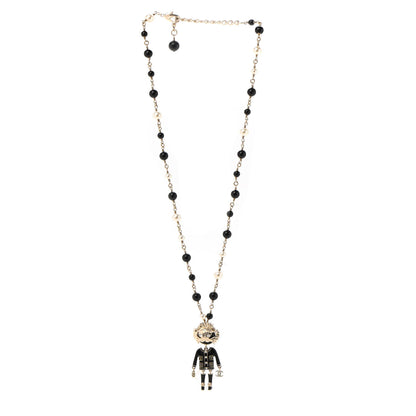 Chanel Gripoix Poured Glass Crystal Bead Pearl CC Lion Pendant Necklace Black Gold 3 of 6