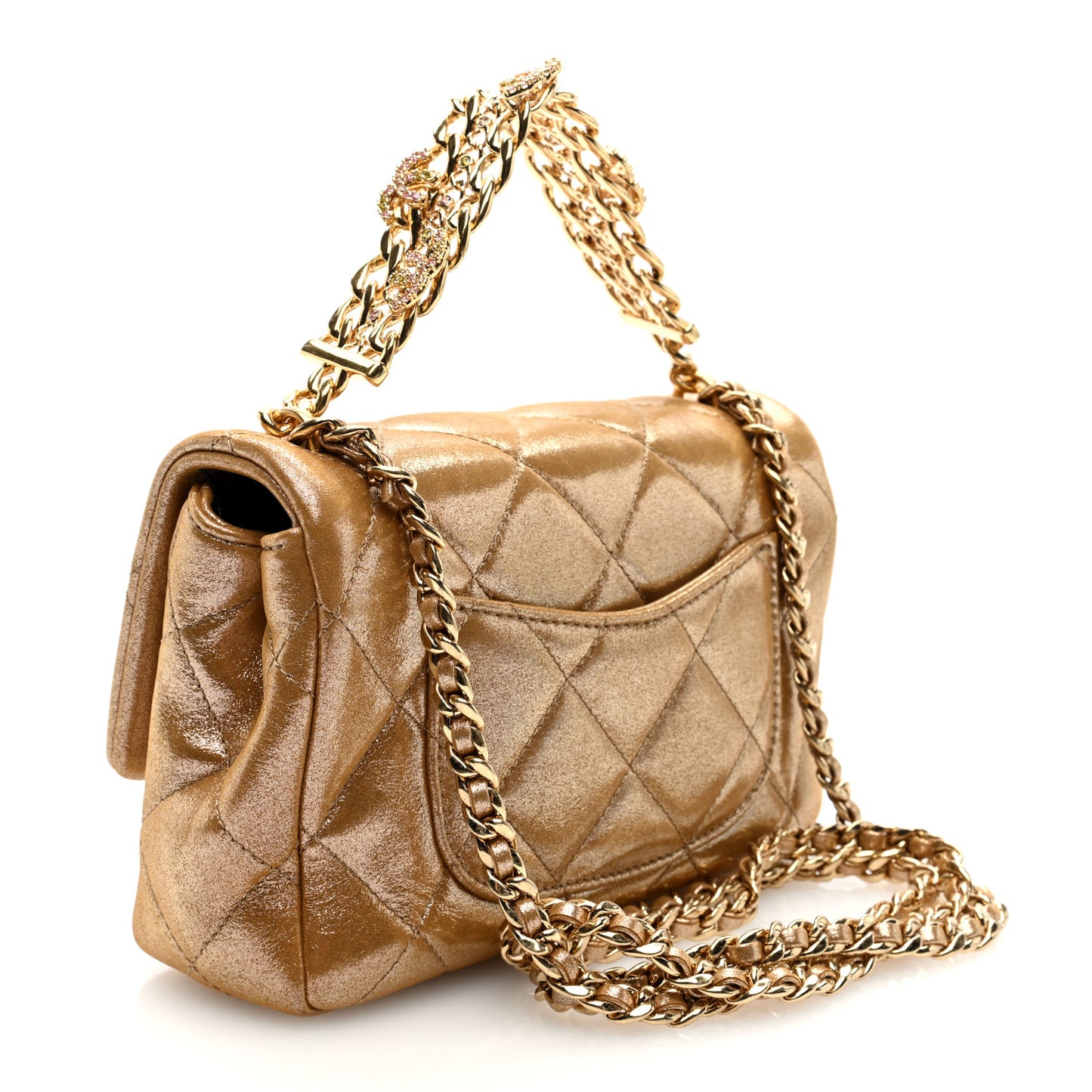 Metallic Lambskin Quilted Mini CC Crystal Logo Chain Flap Gold