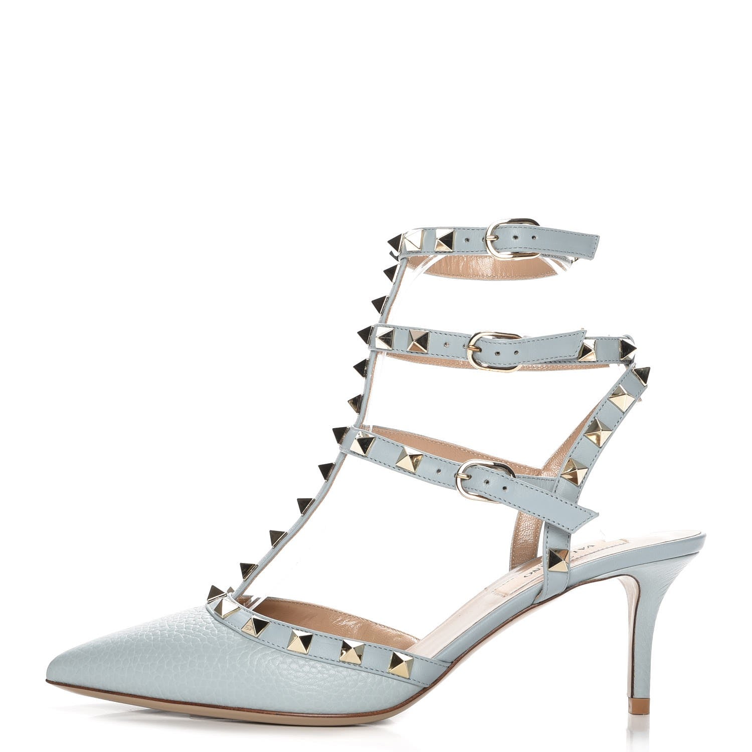 Valentino Garavani Pebbled Calfskin Rockstud Ankle Strap 65mm Pumps 36.5 Sky Sorbet 1 of 9