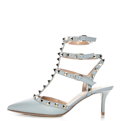 Valentino Garavani Pebbled Calfskin Rockstud Ankle Strap 65mm Pumps 36.5 Sky Sorbet 1 of 9