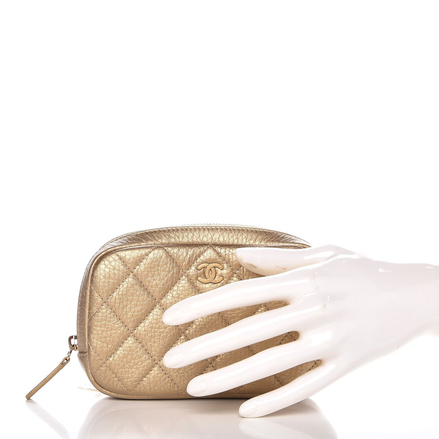 Metallic Calfskin Quilted Small Curvy Pouch Cosmetic Case Gold