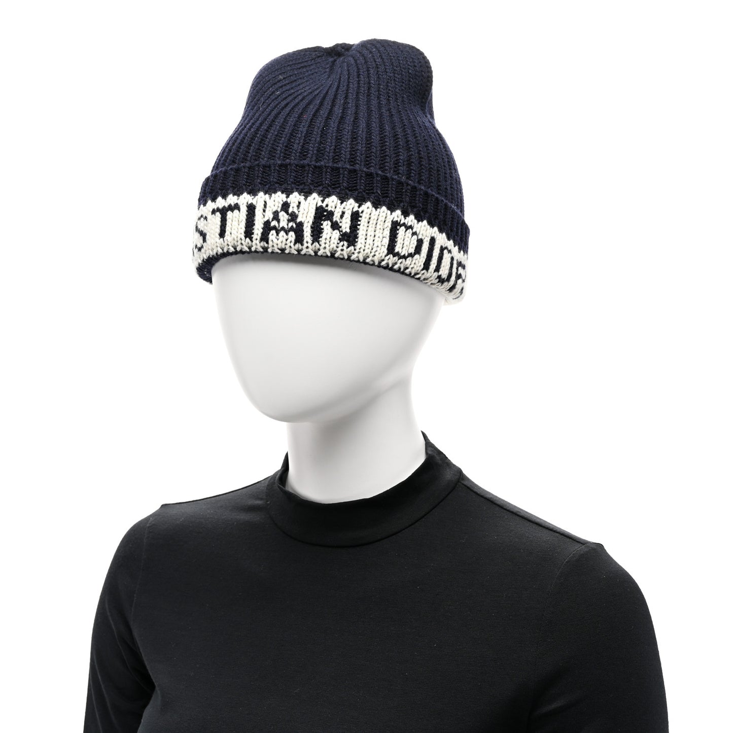 Cashmere Wool D-White Beanie Navy Blue White