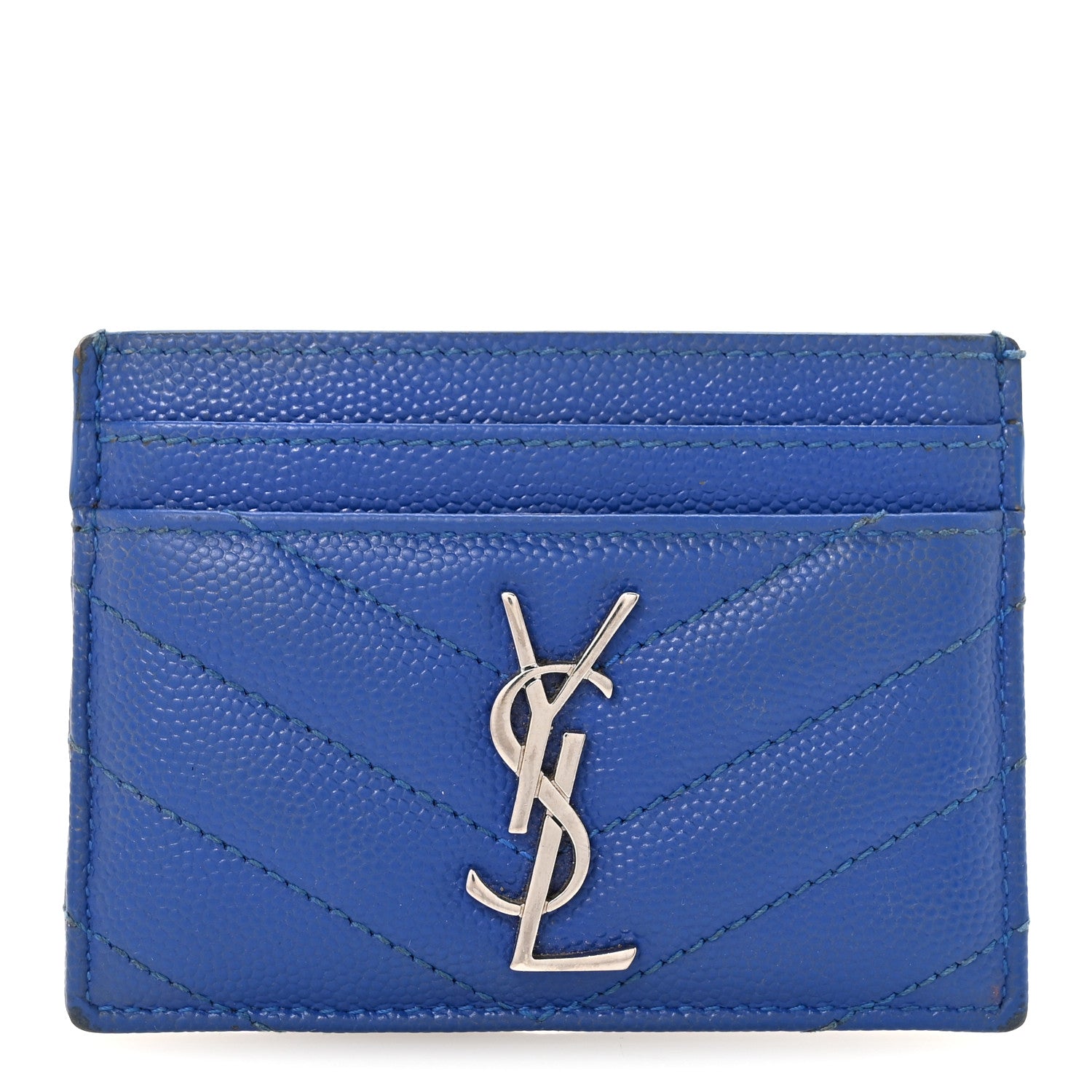 Saint Laurent Grain De Poudre Matelasse Chevron Credit Monogram Card Case Blue Majorelle 1 of 7