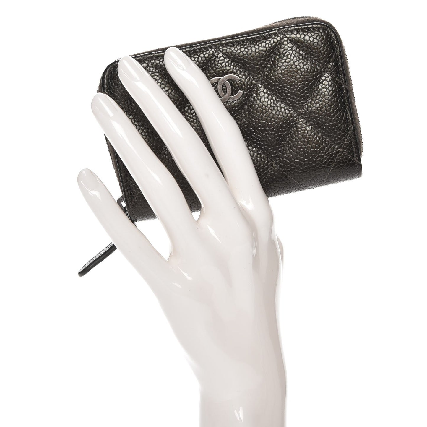 Metallic Caviar Quilted Zip Coin Purse Dark Charcoal