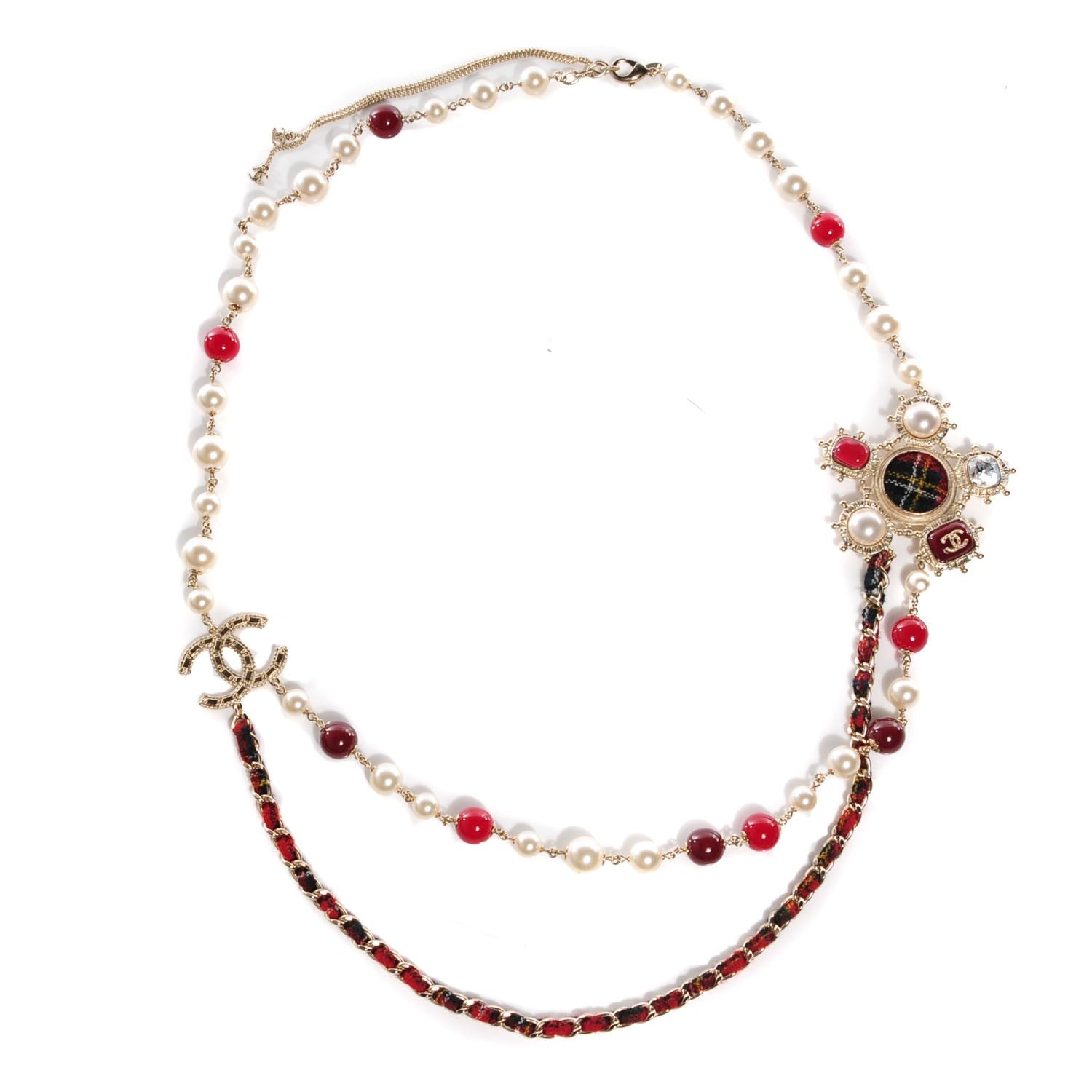 Chanel Gripoix Crystal Pearl Tweed Medallion Necklace Gold 1 of 5