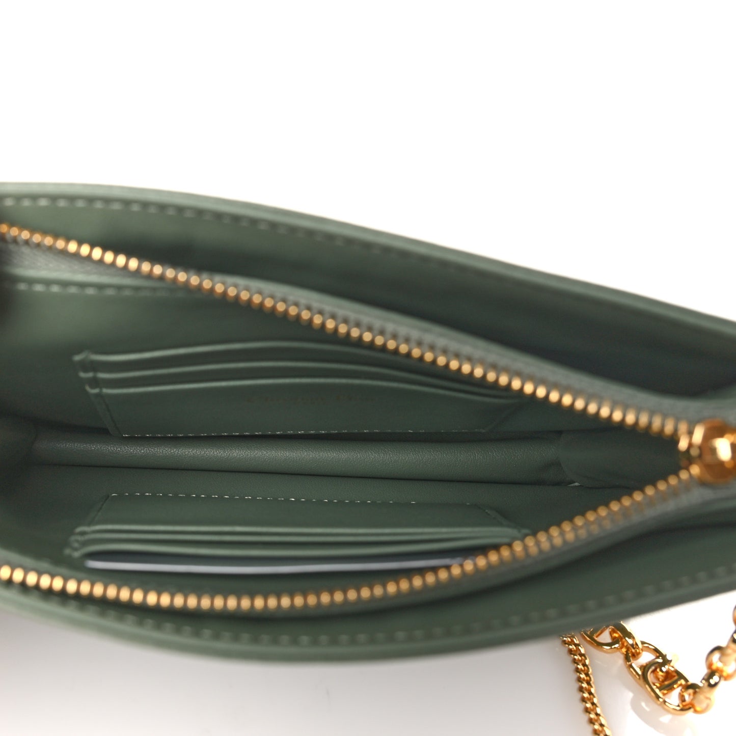 Calfskin Cannage Caro Zipped Pouch With Chain Cedar Green