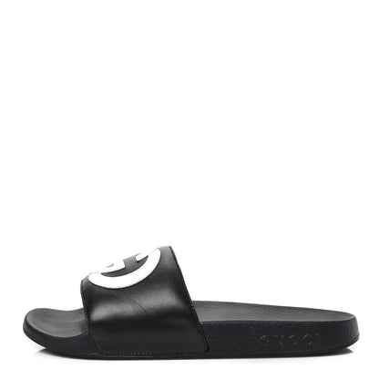 Gucci Nappa Miro Soft Calfskin Womens Interlocking G Slide Sandals 37 Black White 1 of 7
