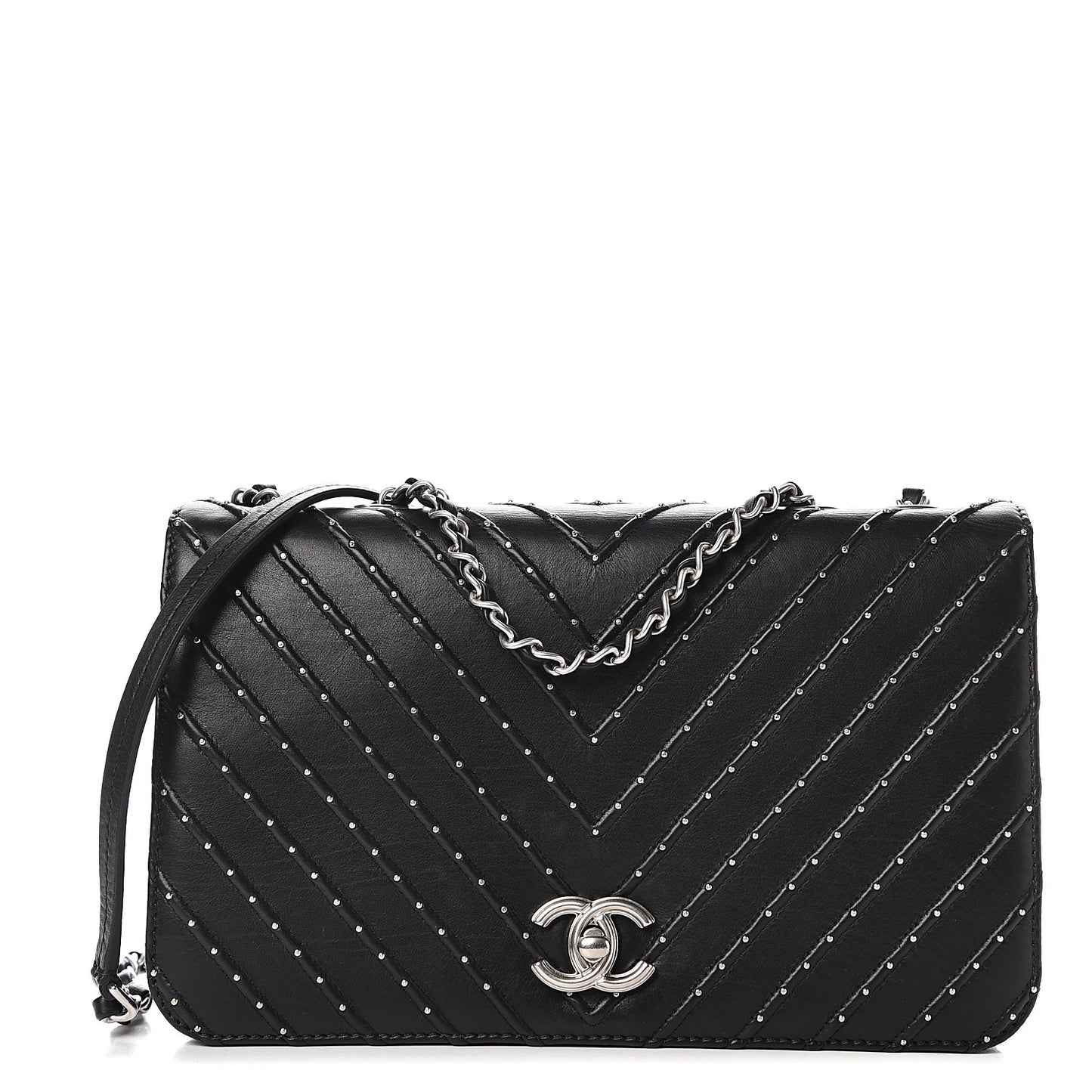 Calfskin Studded Chevron Quilted Flap Black