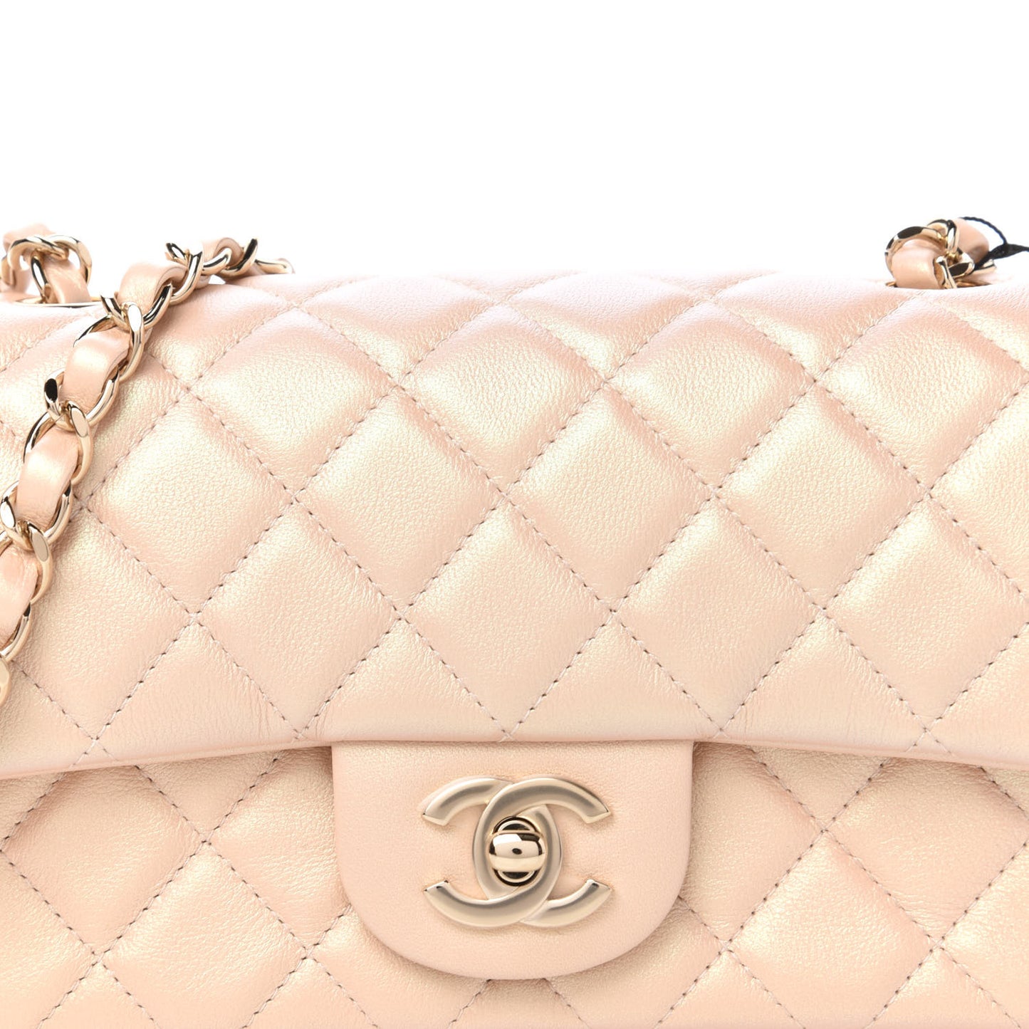 Iridescent Calfskin Quilted Mini Rectangular Flap Beige