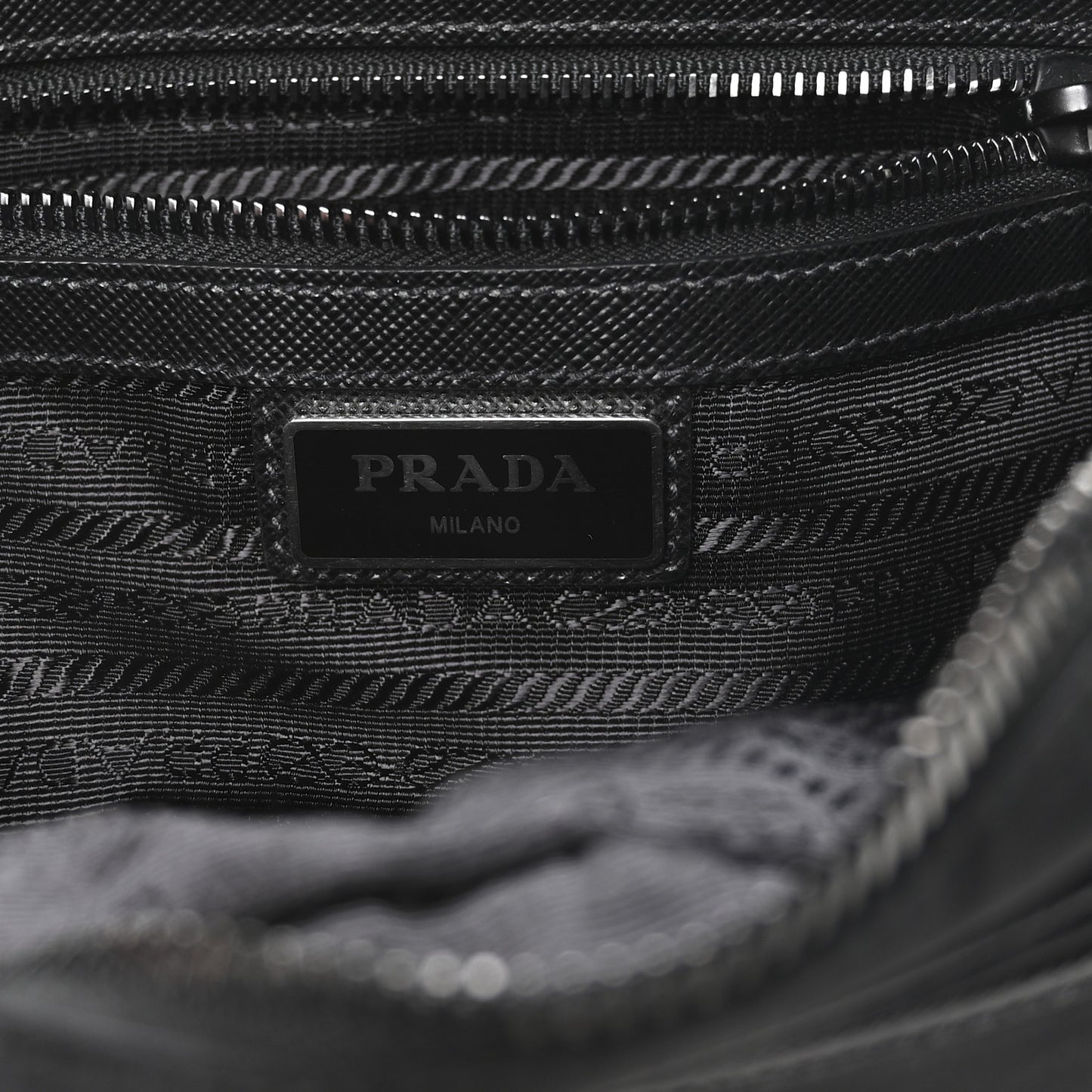 Re-Nylon Vela Saffiano Pocket Double Zip Shoulder Bag Black