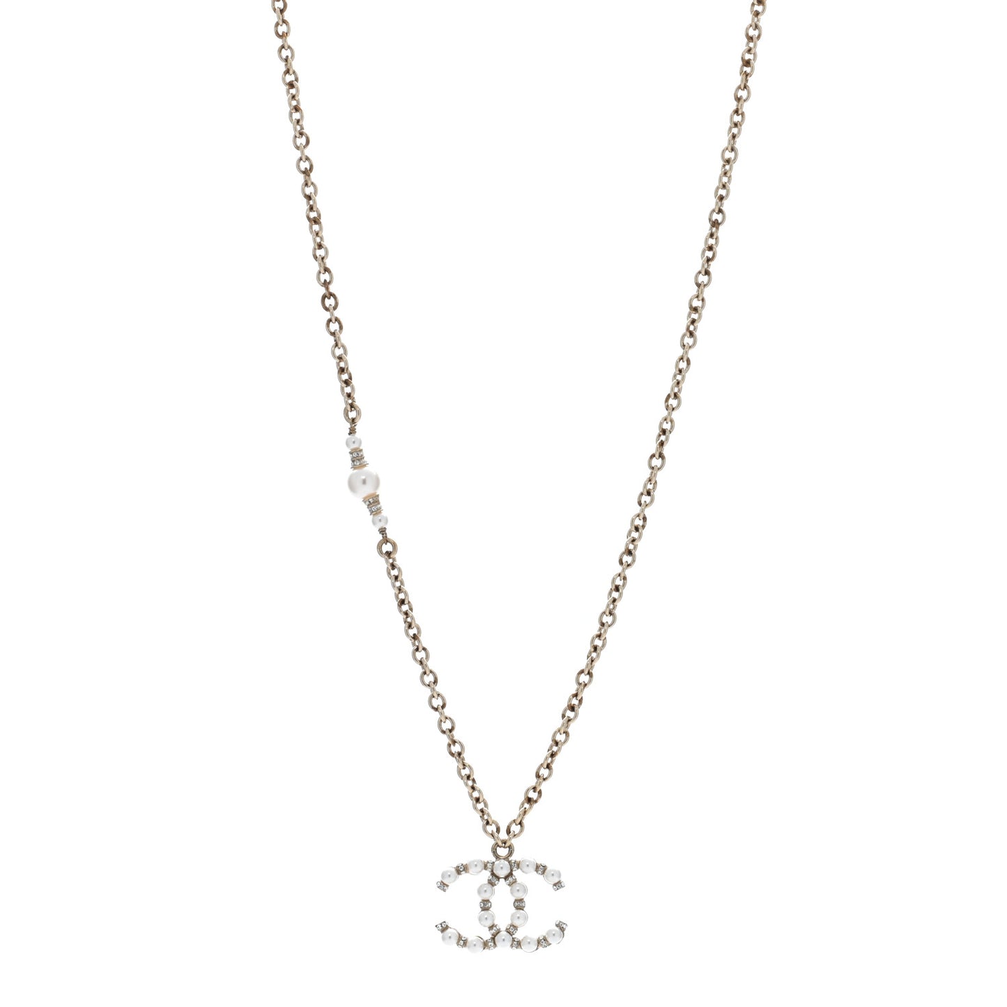 Metal Pearl Crystal CC Textured Pendant Necklace Gold