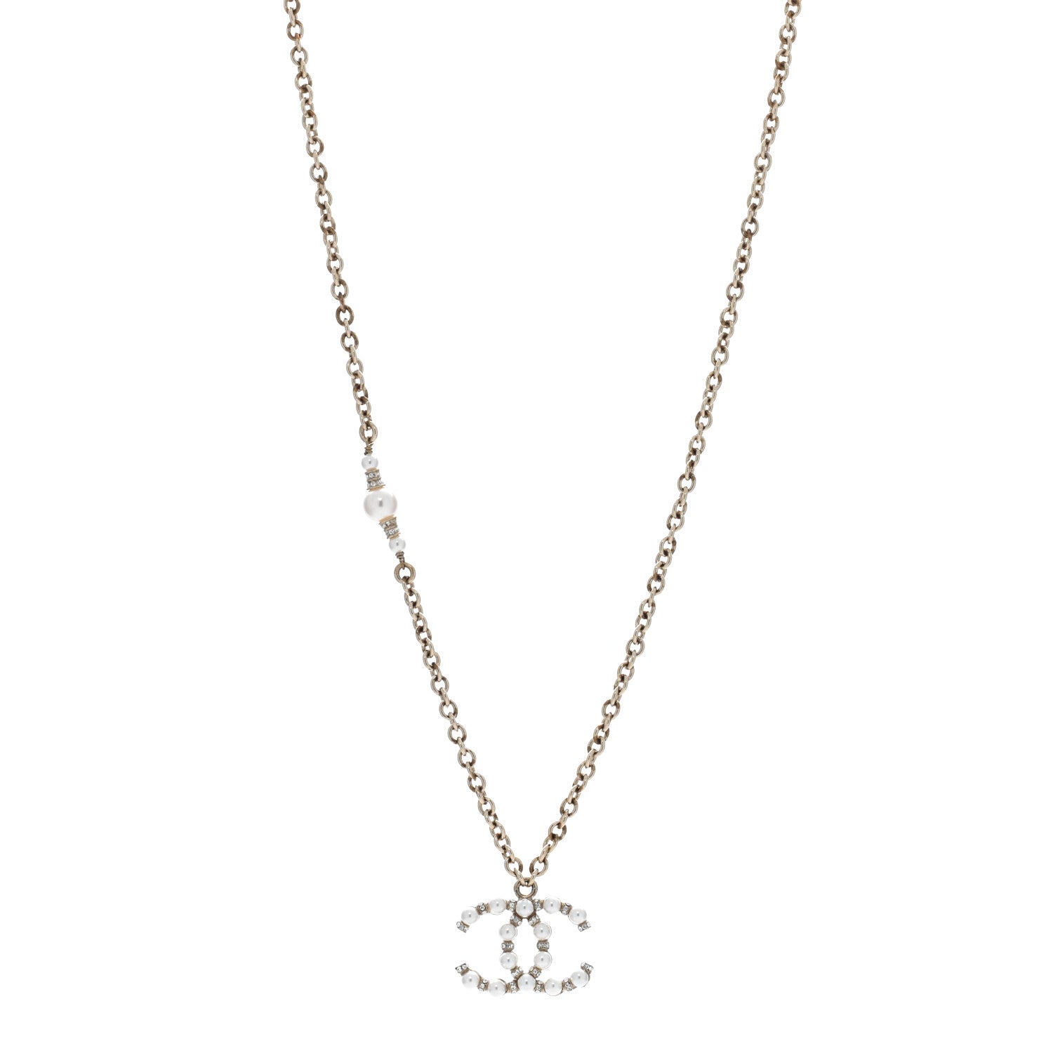 Chanel Metal Pearl Crystal CC Textured Pendant Necklace Gold 1 of 4
