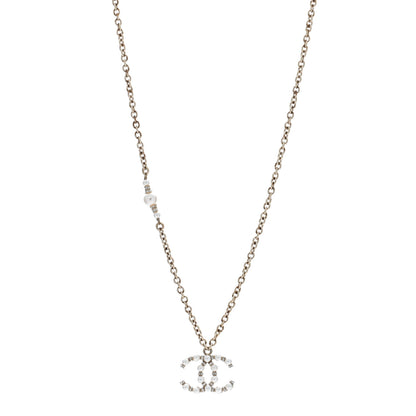 Chanel Metal Pearl Crystal CC Textured Pendant Necklace Gold 1 of 4