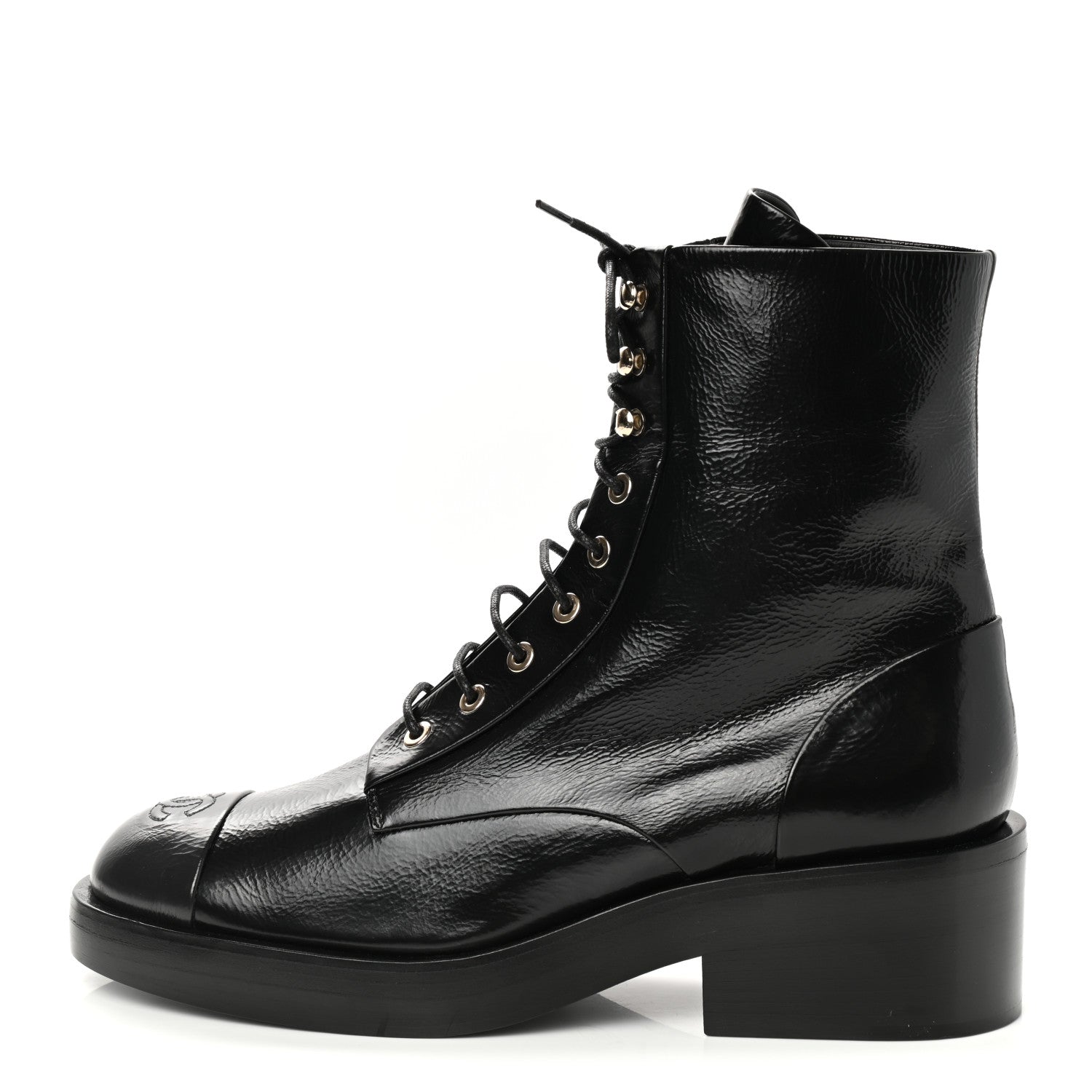 Chanel Shiny Goatskin Cap Toe Combat Boots 41 Black Dark Grey 1 of 10