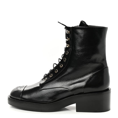 Chanel Shiny Goatskin Cap Toe Combat Boots 41 Black Dark Grey 1 of 10