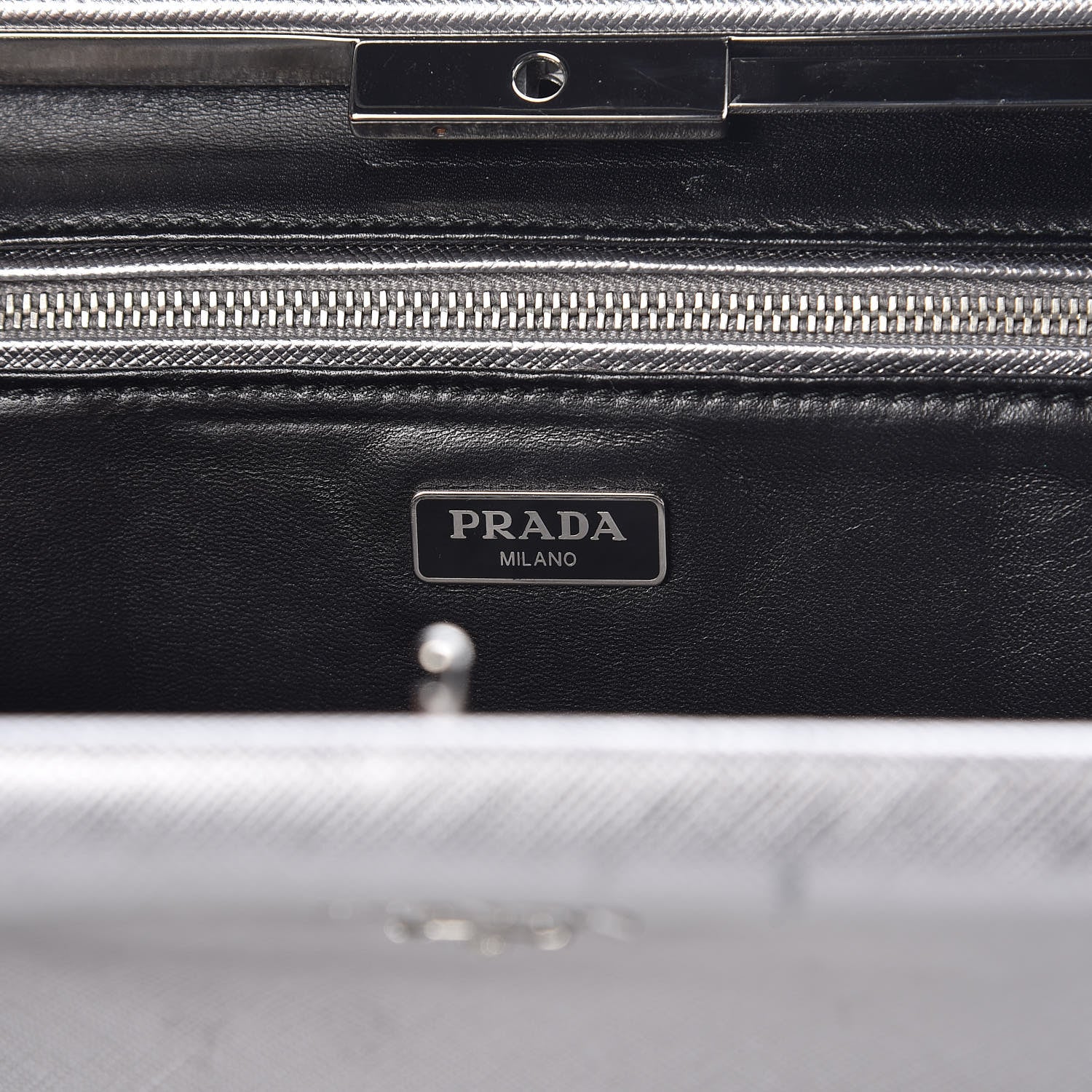Prada Metallic Saffiano Lux East West Frame Clutch Cromo 6 of 17