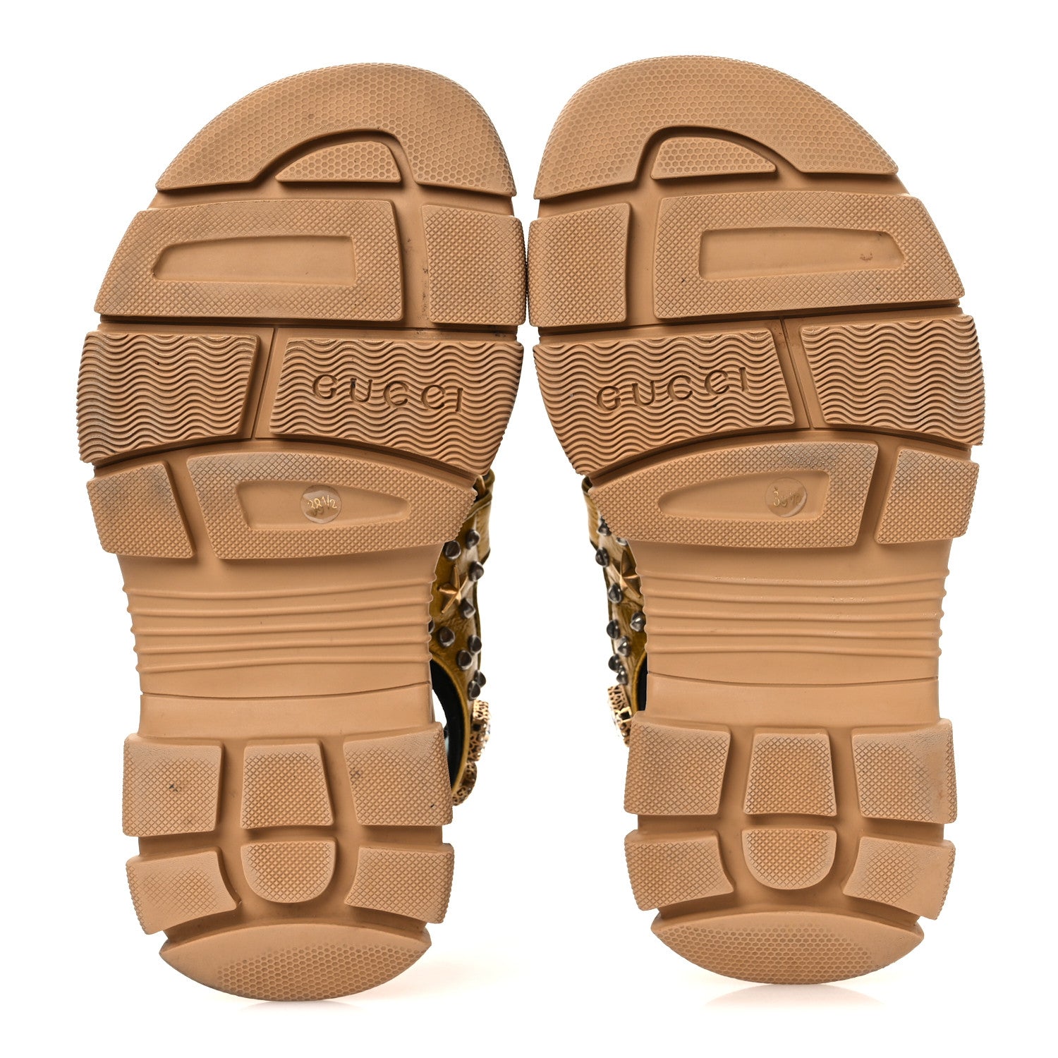 Gucci Silk Calfskin Mesh Crystal Embellished Studded Womens Aguru Sandals 38.5 Gold 7 of 12