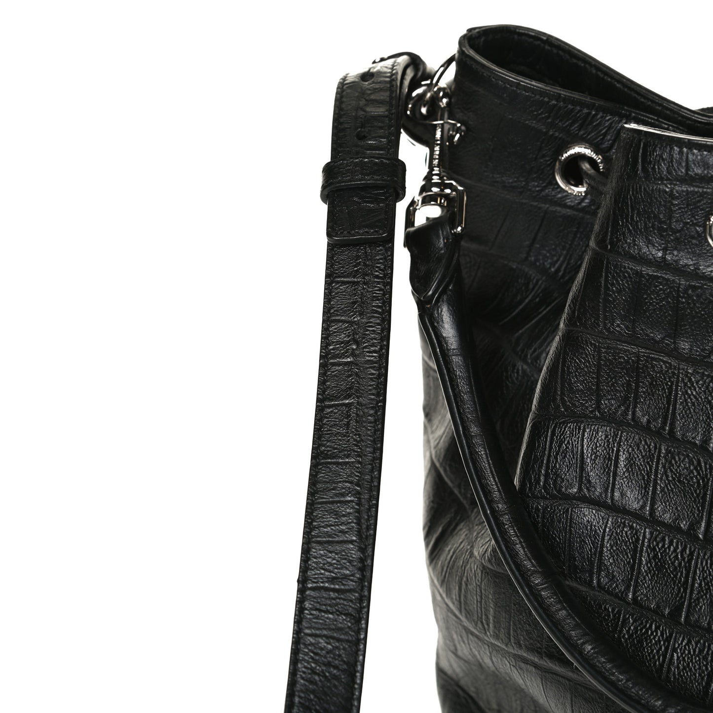 Calfskin Crocodile Embossed Large Emmanuelle Bucket Bag Black