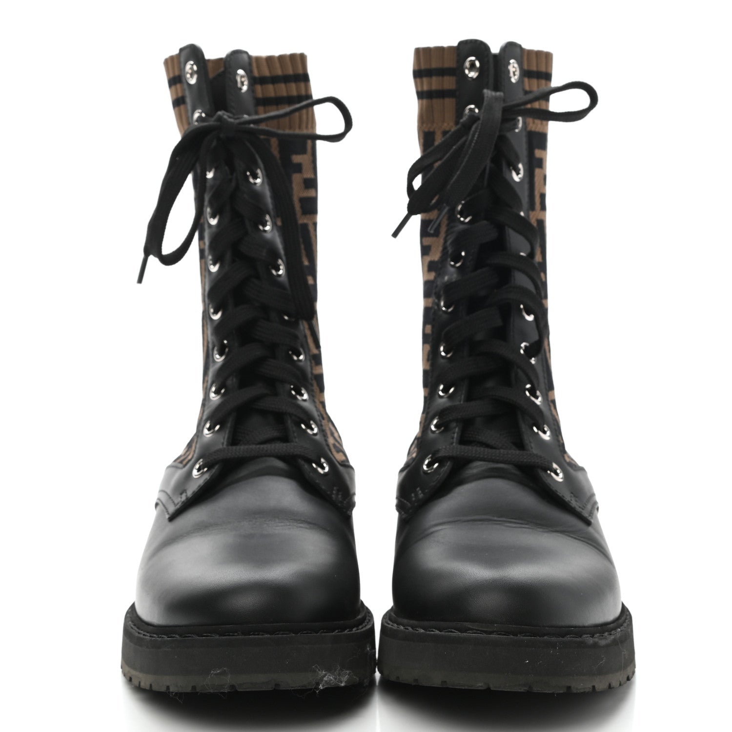 Fendi Calfskin Stretch Fabric FF Rockoko Biker Boots 36.5 Black Tobacco 2 of 7