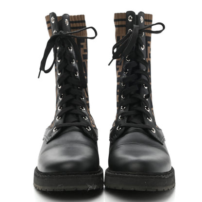 Fendi Calfskin Stretch Fabric FF Rockoko Biker Boots 36.5 Black Tobacco 2 of 7