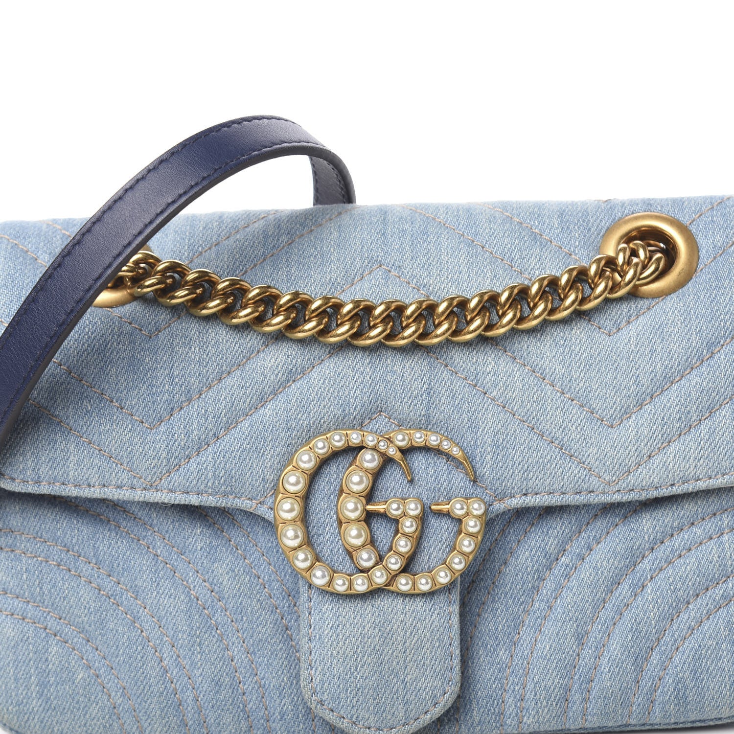 Gucci Denim Matelasse Mini Pearly GG Marmont Shoulder Bag Blue 15 of 15