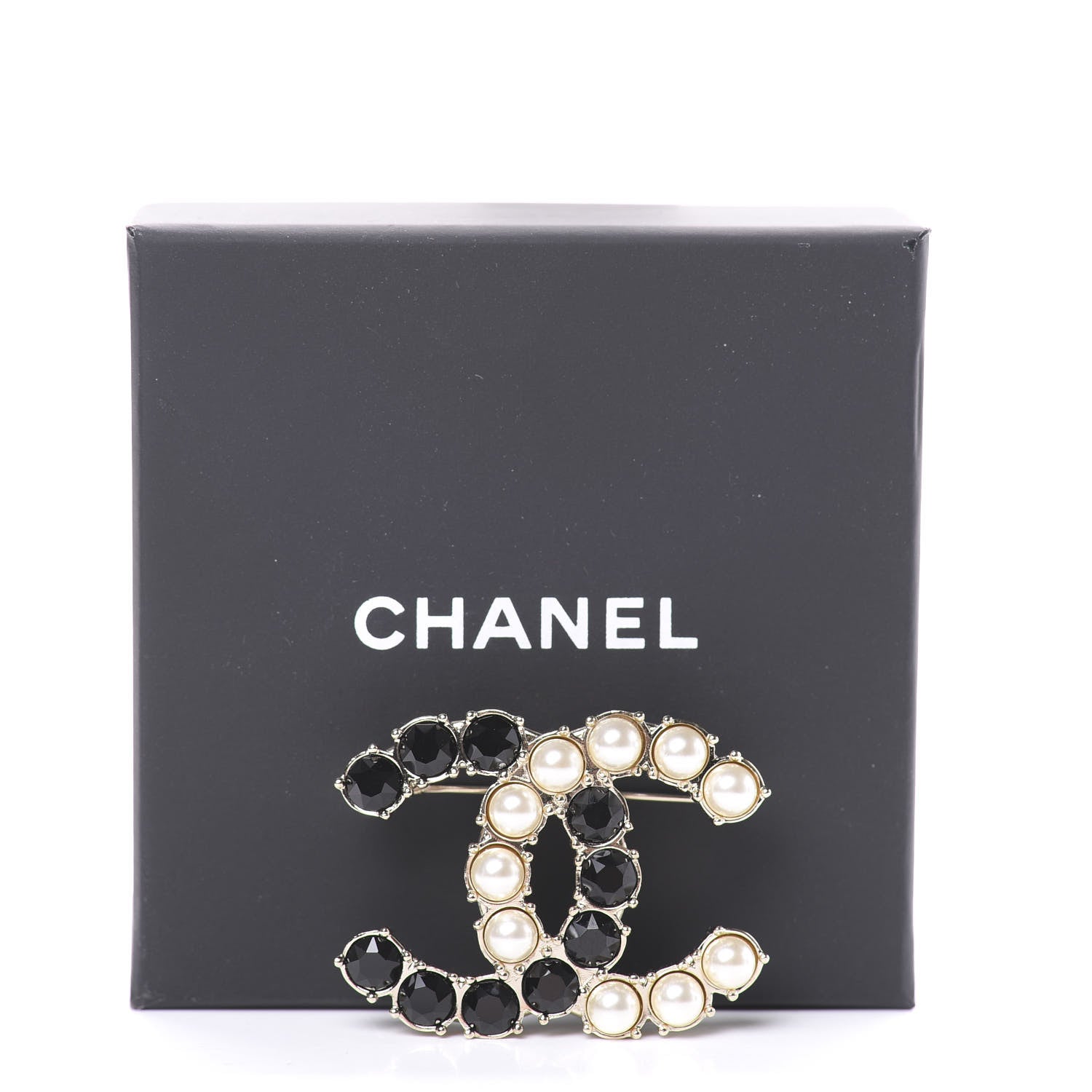Chanel Crystal Pearl CC Dazzling Domino Brooch Gold Black 4 of 4