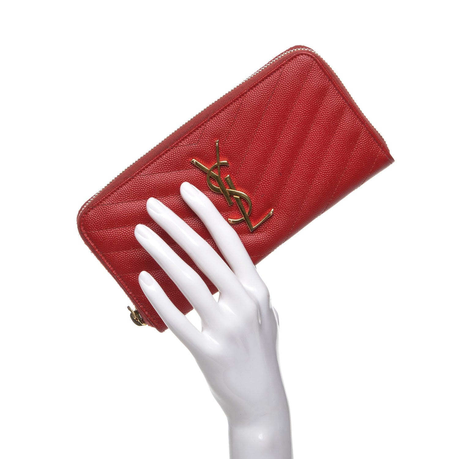 Saint Laurent Grain De Poudre Matelasse Chevron Monogram Zip Around Wallet Red 2 of 7