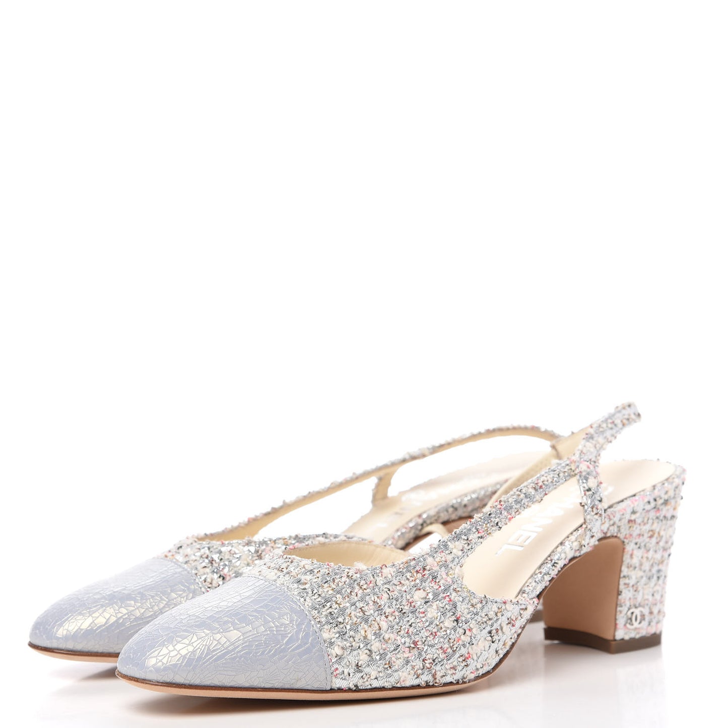 Tweed Cap Toe CC Slingback Pumps 38.5 Silver Grey