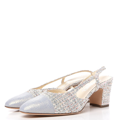 Chanel Tweed Cap Toe CC Slingback Pumps 38.5 Silver Grey 3 of 11