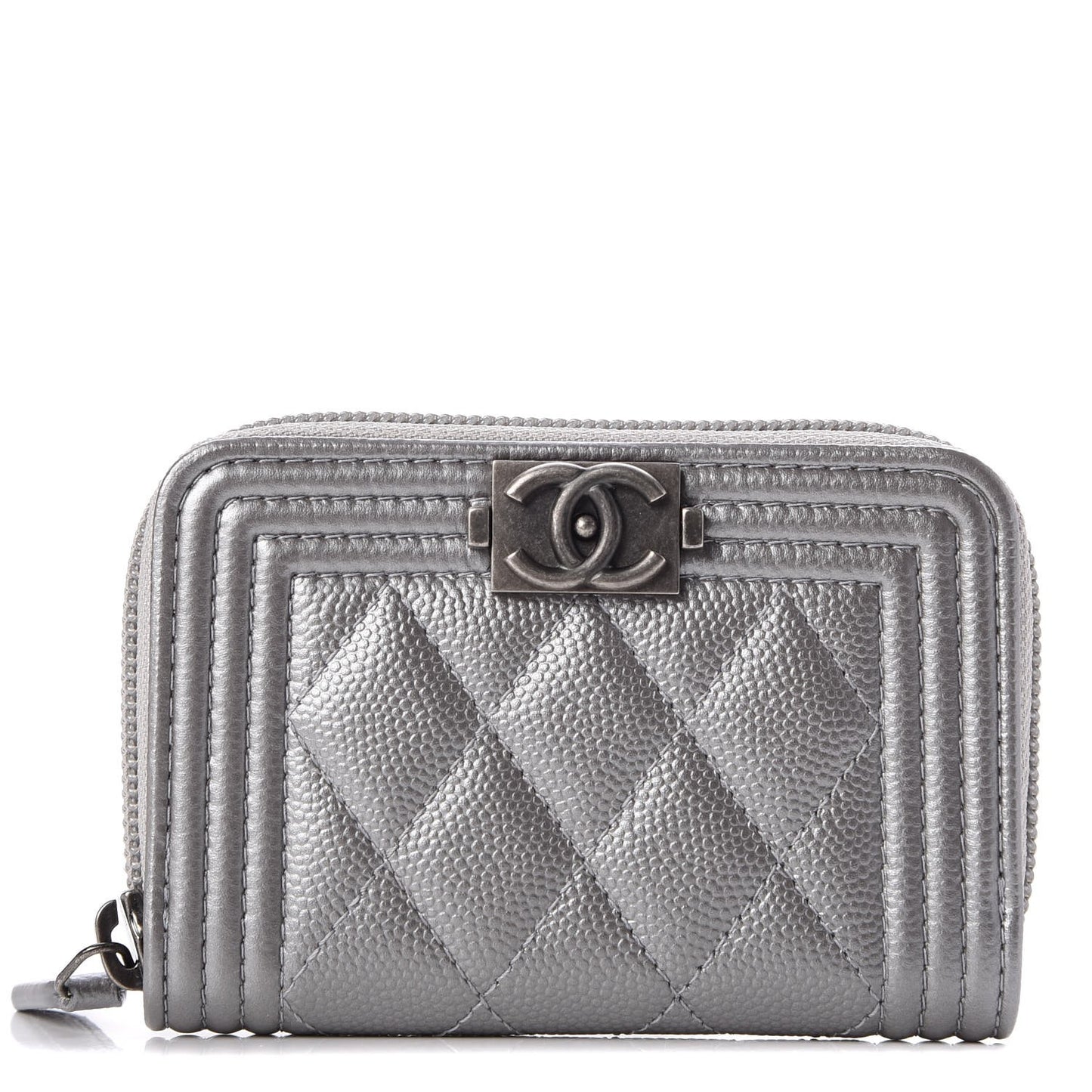 Metallic Caviar Quilted Boy Zip Around Coin Purse Wallet Silver