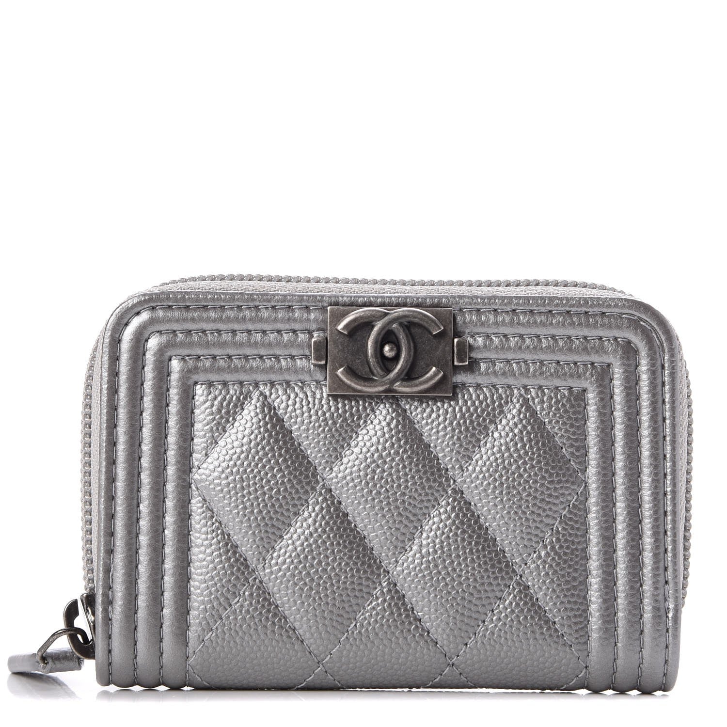 Chanel Metallic Caviar Quilted Boy Zip Around Coin Purse Wallet Silver 3 of 9