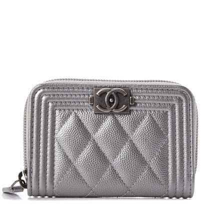 Chanel Metallic Caviar Quilted Boy Zip Around Coin Purse Wallet Silver 3 of 9