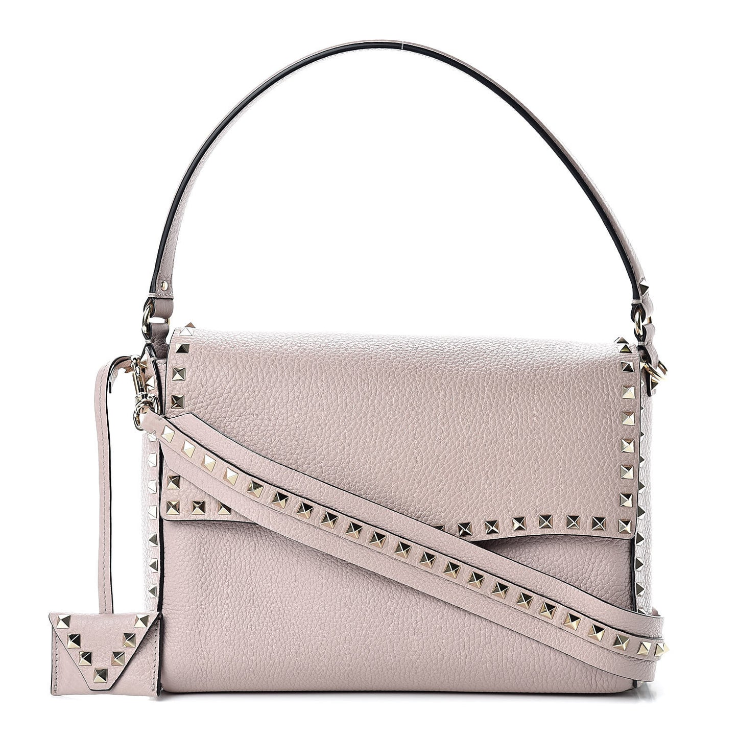 Pebbled Calfskin Rockstud Top Handle Shoulder Bag Poudre