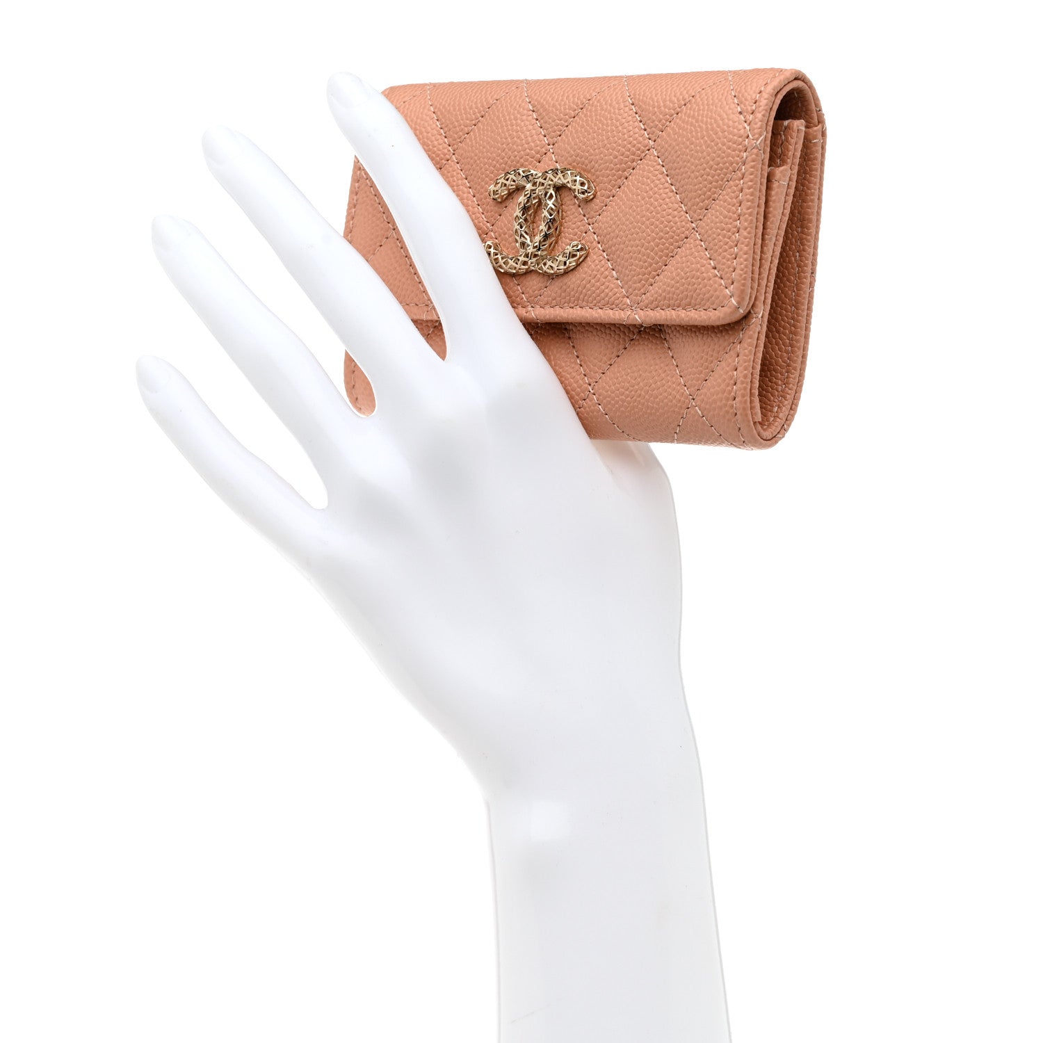 Chanel Caviar Metal Perforated Quilted CC Flap Card Holder Beige 2 of 9