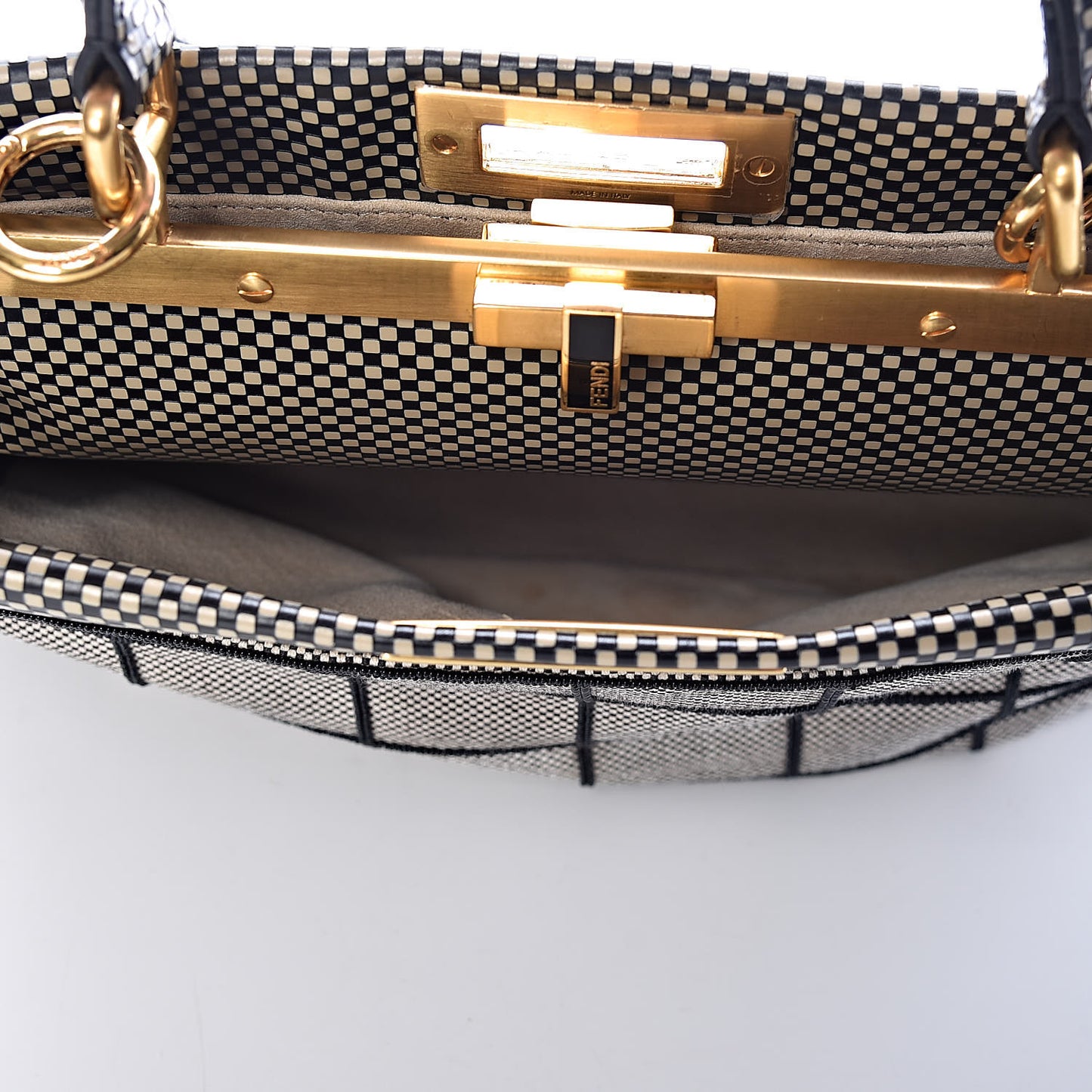 Canvas Calfskin Embroidered Medium Peekaboo Iconic Satchel Black Beige Multicolor
