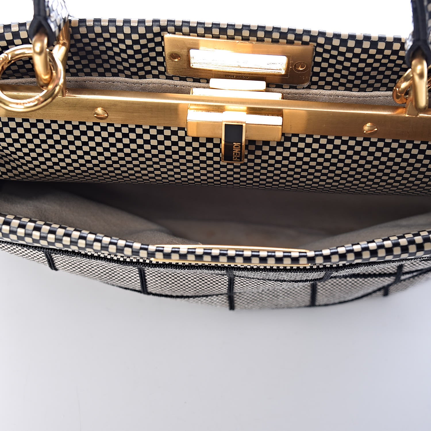 Fendi Canvas Calfskin Embroidered Medium Peekaboo Iconic Satchel Black Beige Multicolor 6 of 10