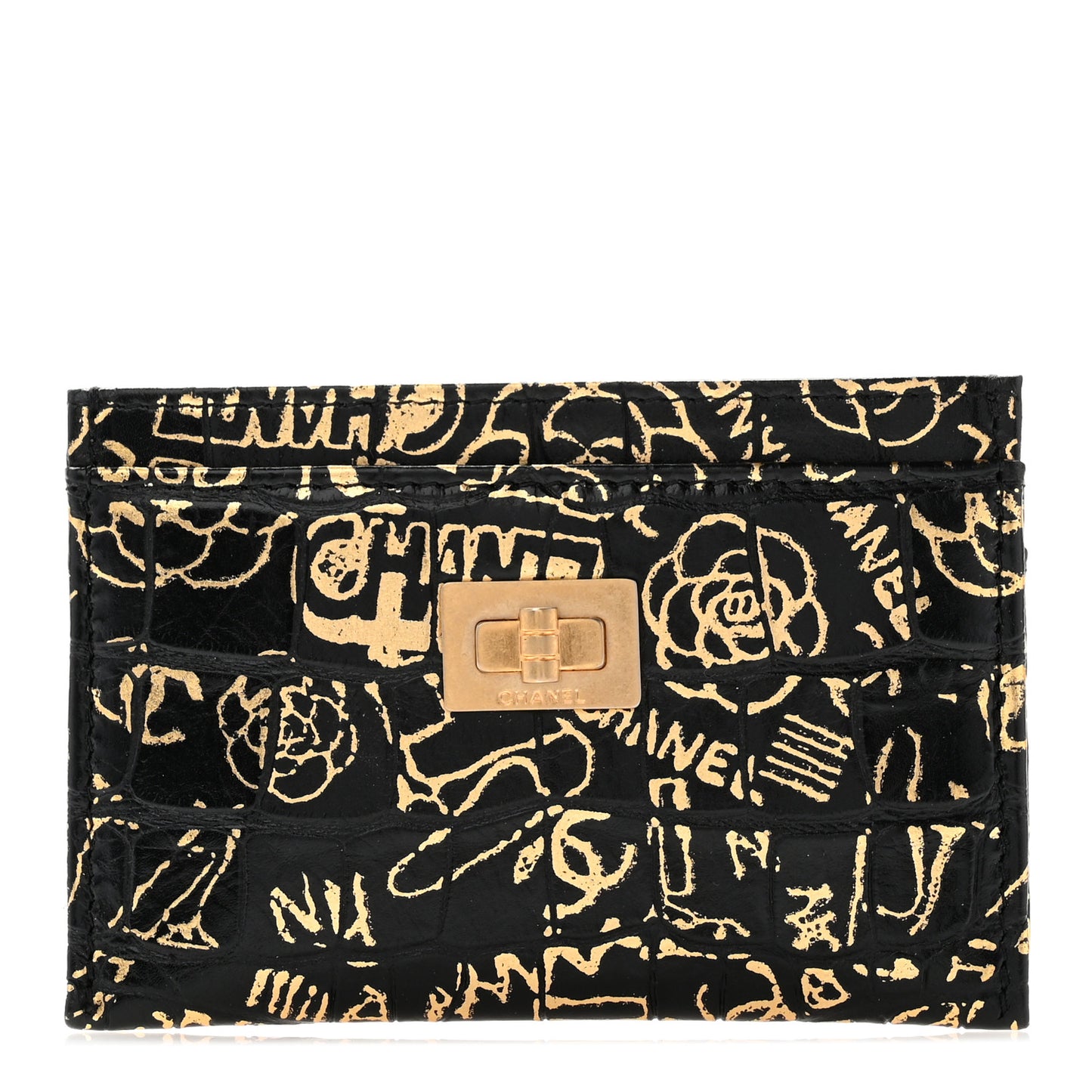 Calfskin Crocodile Embossed Graffiti 2.55 Cocodile Reissue Card Holder Black Gold