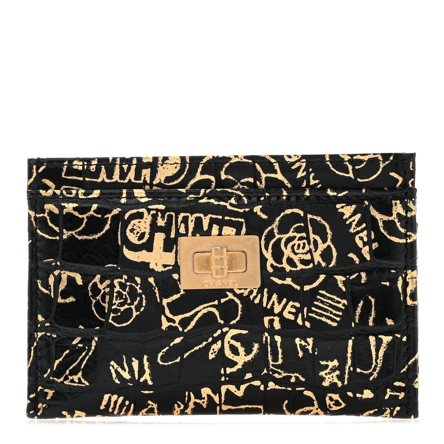 Chanel Calfskin Crocodile Embossed Graffiti 2.55 Cocodile Reissue Card Holder Black Gold 1 of 9