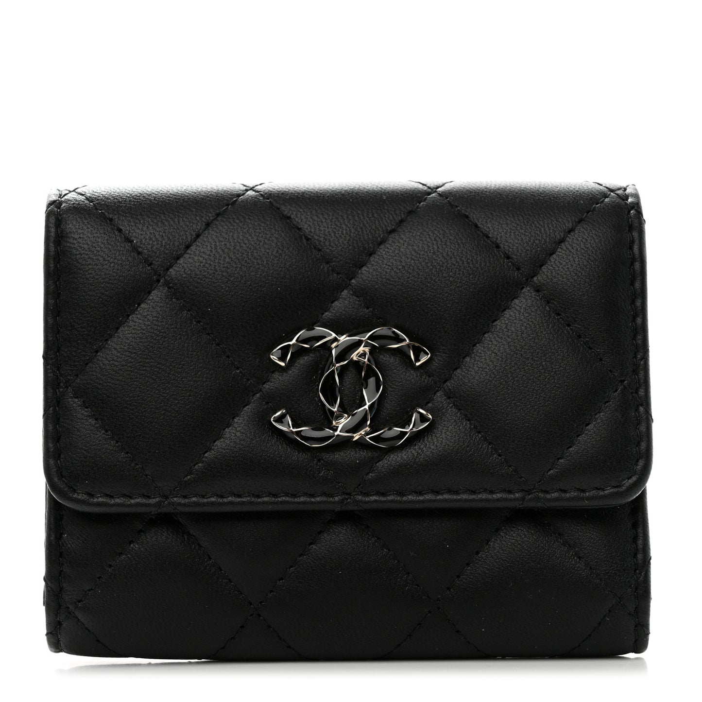 Lambskin Enamel Quilted Compact Flap Wallet Black