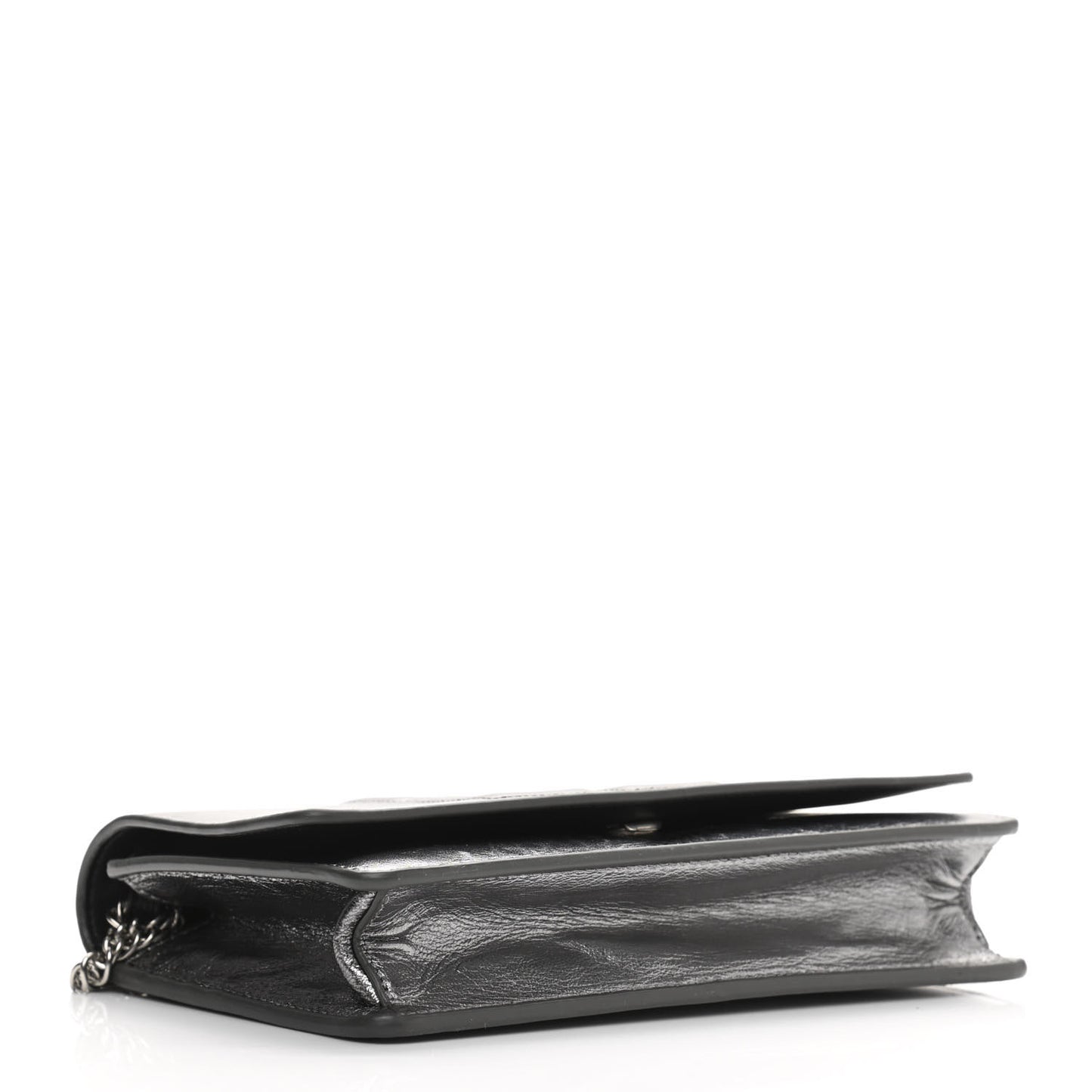 Metallic Lambskin Logo Chain Wallet Silver