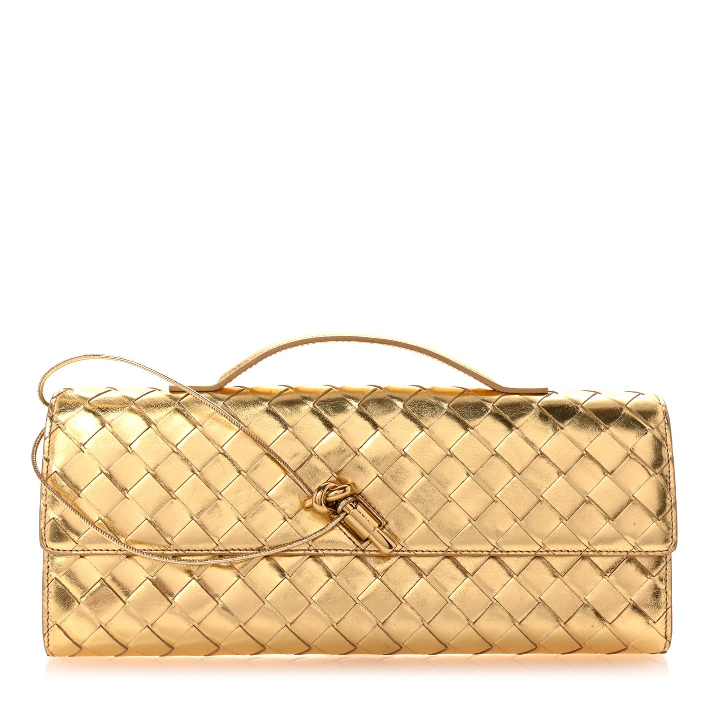Metallic Lambskin Intrecciato Long Andiamo Top Handle Clutch Gold