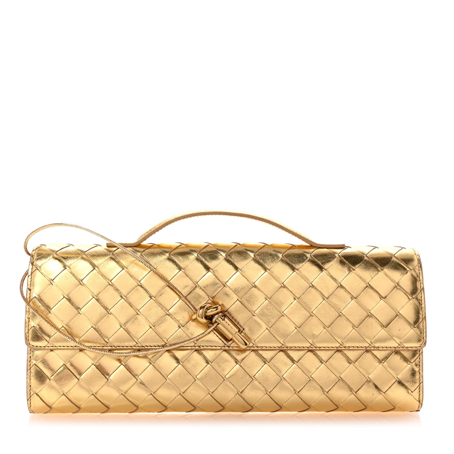Bottega Veneta Metallic Lambskin Intrecciato Long Andiamo Top Handle Clutch Gold 1 of 7