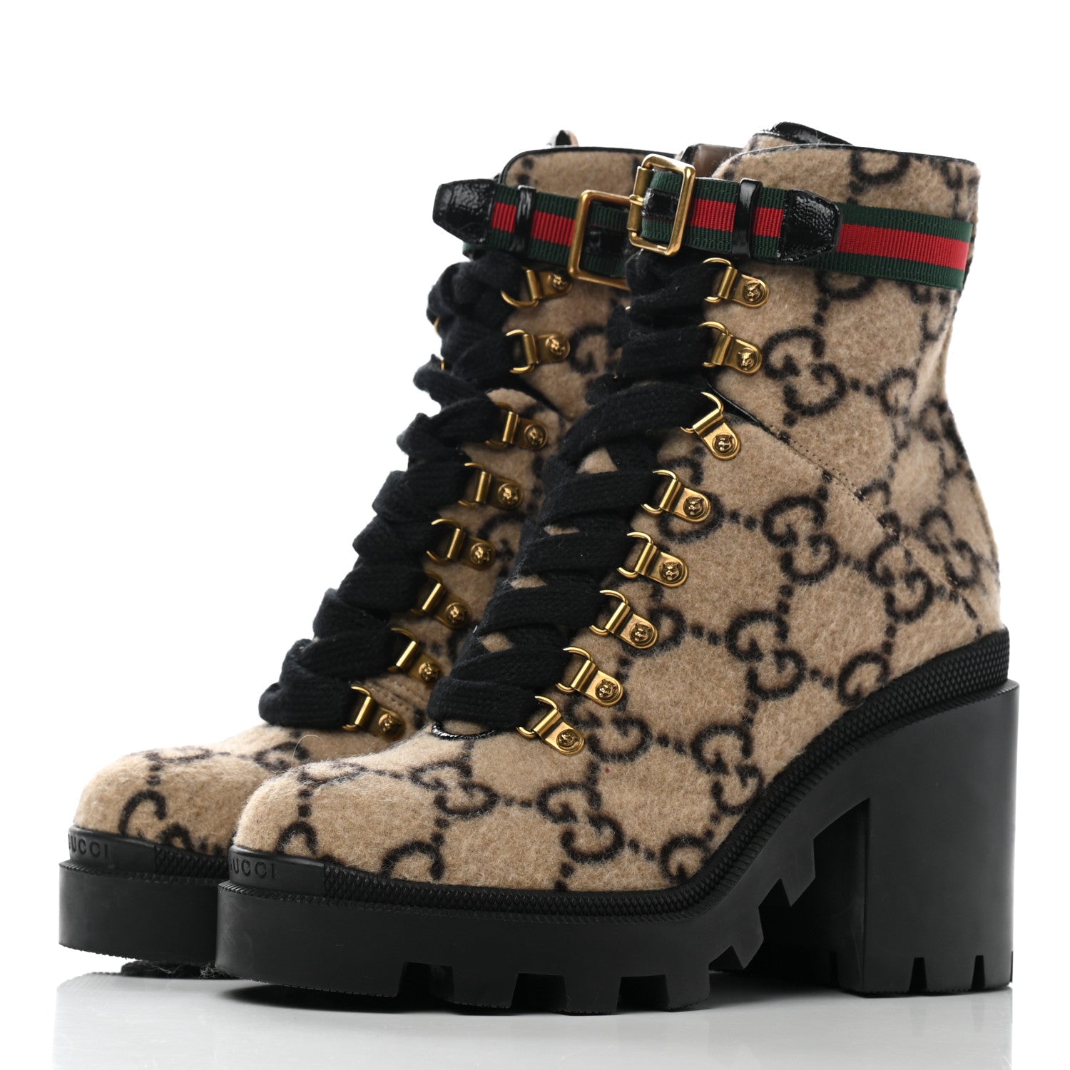 Gucci Covered Wool GG Monogram Womens Lace Up Combat Ankle Boots 38 Beige Ebony Black 3 of 7
